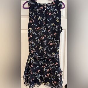 Express Blue Dress with Multicolor Floral Print and Purple Trim